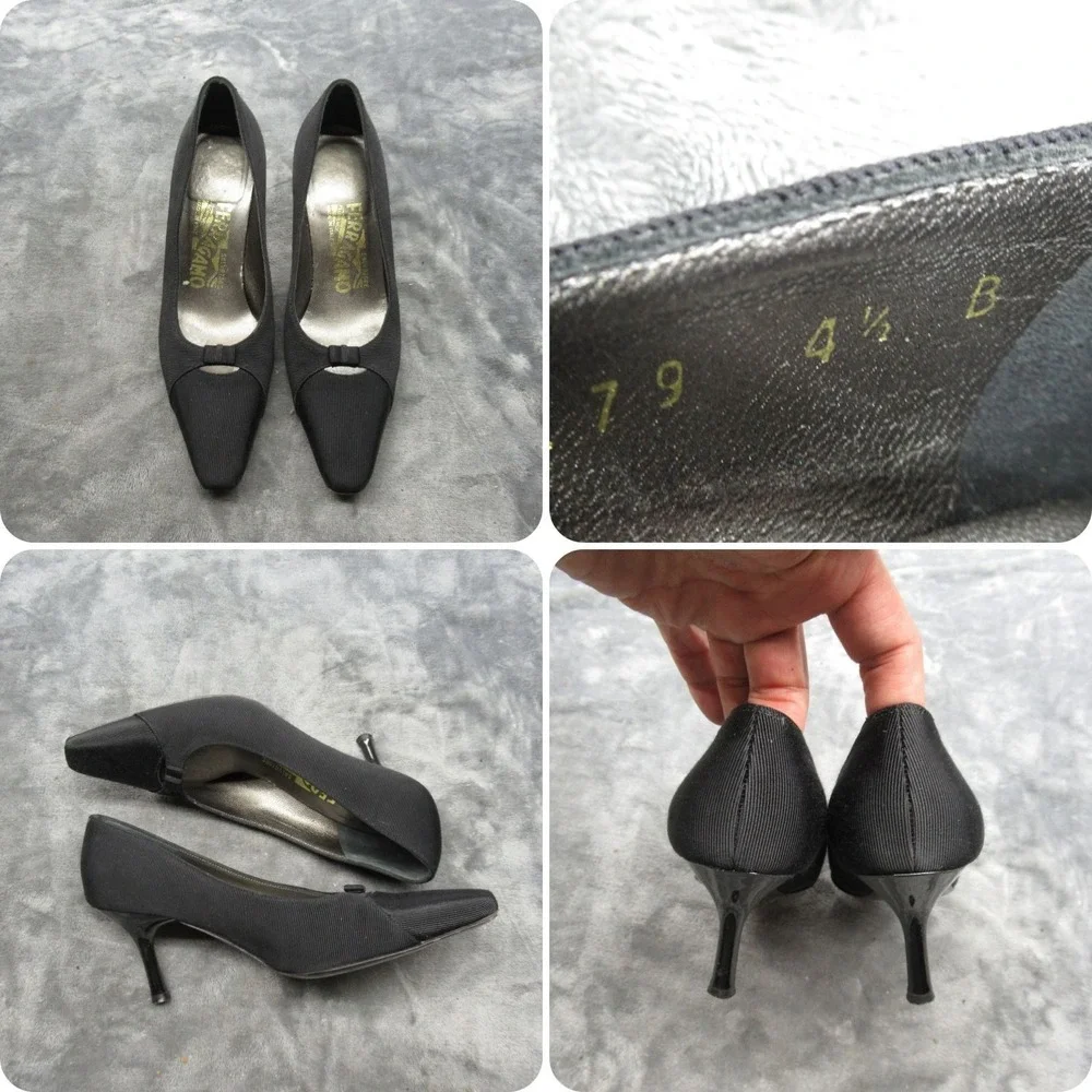Salvatore Ferragamo Womens 4.5 B Black Pointed‎ Toe Bow Stiletto Heels Pumps